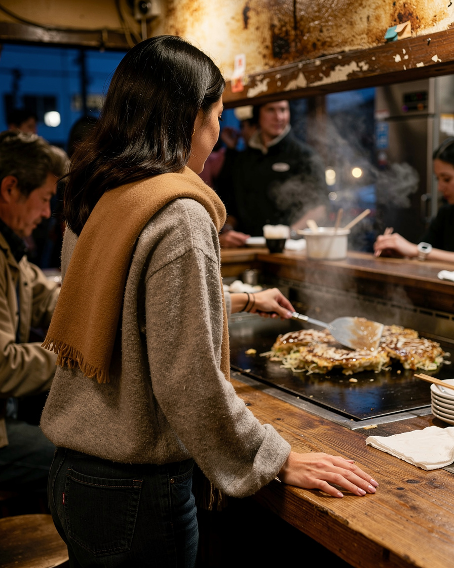 osaka okonomiyaki night: Okonomiyaki sizzling on a steel griddle counter in Osaka at night, cook flipping with two spatulas,