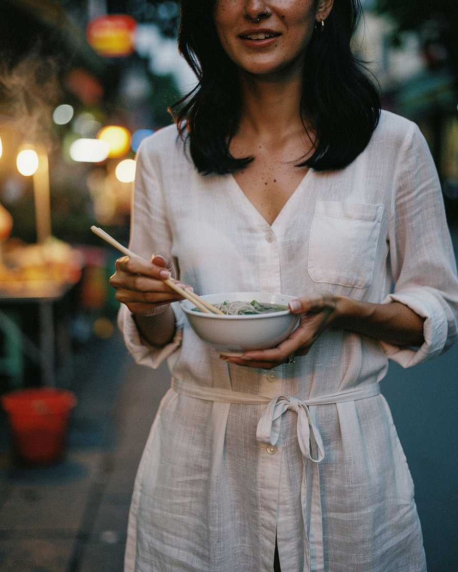 ta hien street hanoi: Woman on a low plastic stool eating pho at a street stall on Ta Hien, Hanoi Old Quarter, lit by string