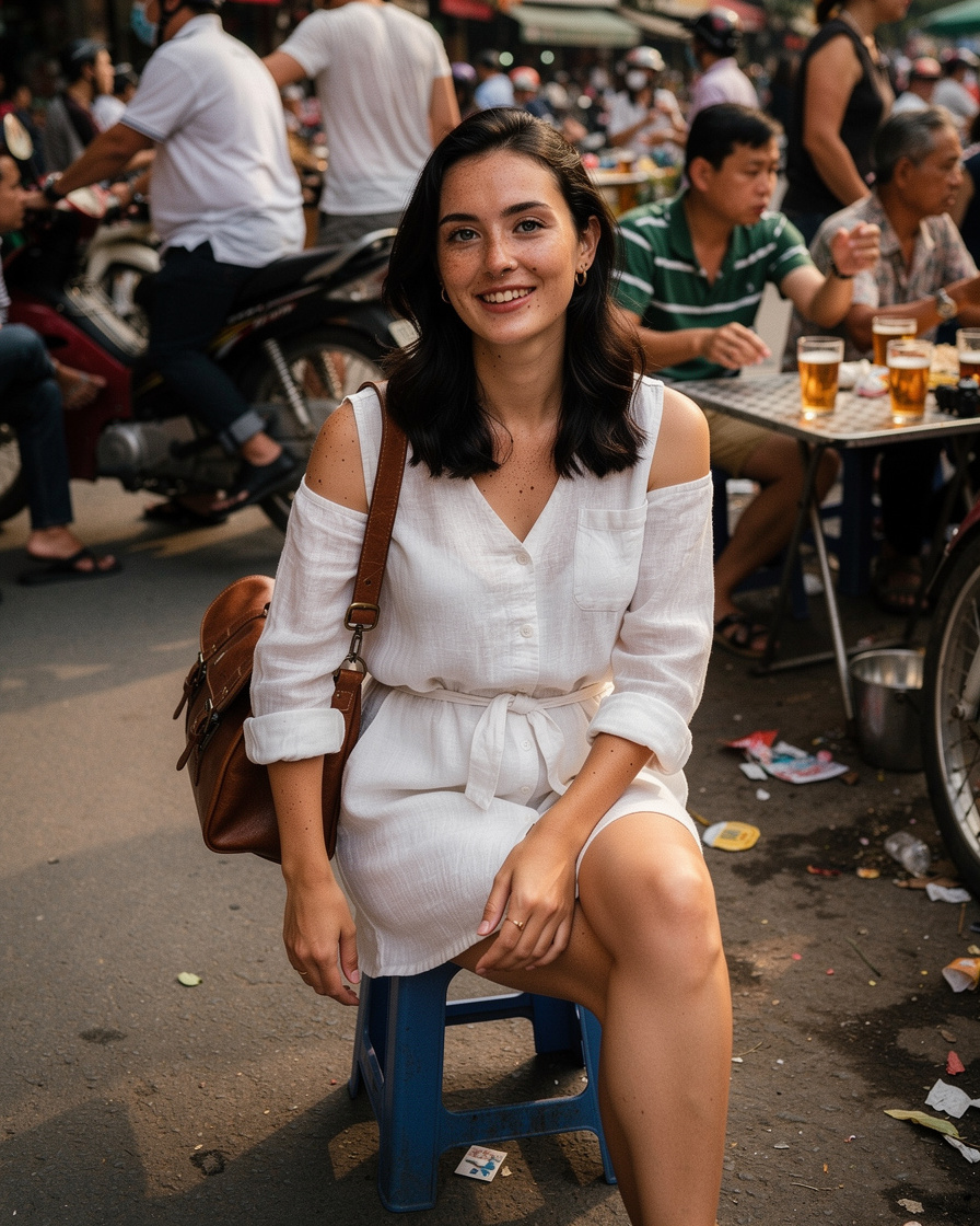 bia hoi junction hanoi: Woman on a low plastic stool at Hanoi's Bia Hoi Junction at dusk, glass of draft beer in hand, street